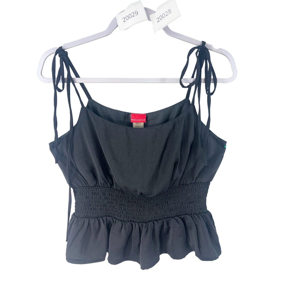 NWT Red Carter Camisole Top Womens Sz M Peplum Black Smocked Tie Shoulder Ruffle